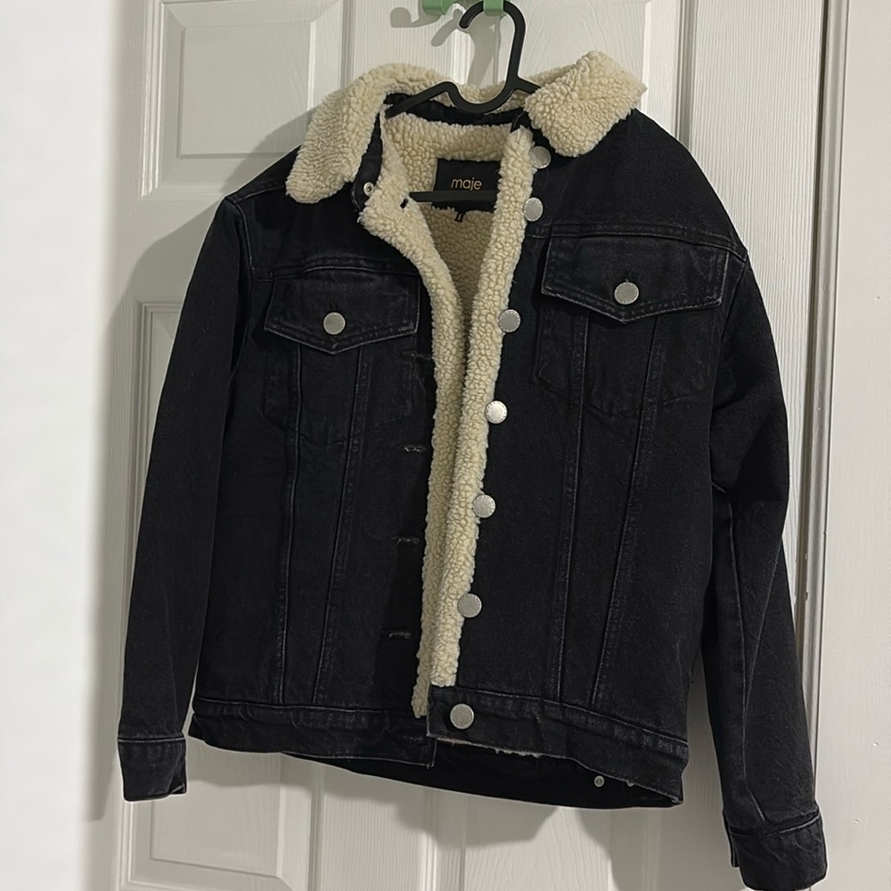 Maje Faux-Shearling Trim Denim Jacket — black